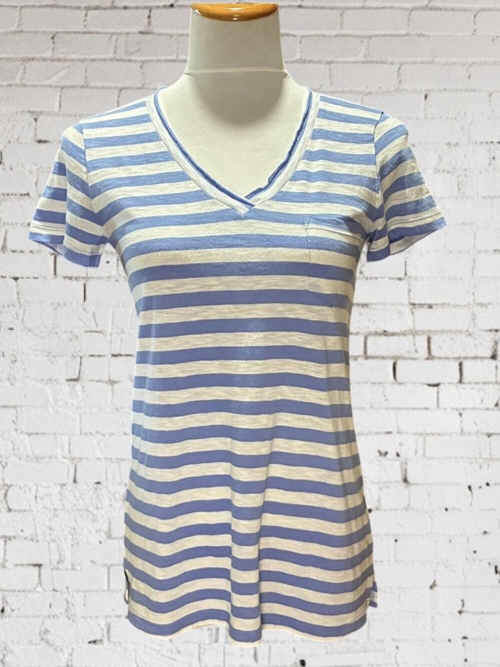 Caslon T Shirt Womens XXS Light Blue Striped Top Short Sleeve V-Neck